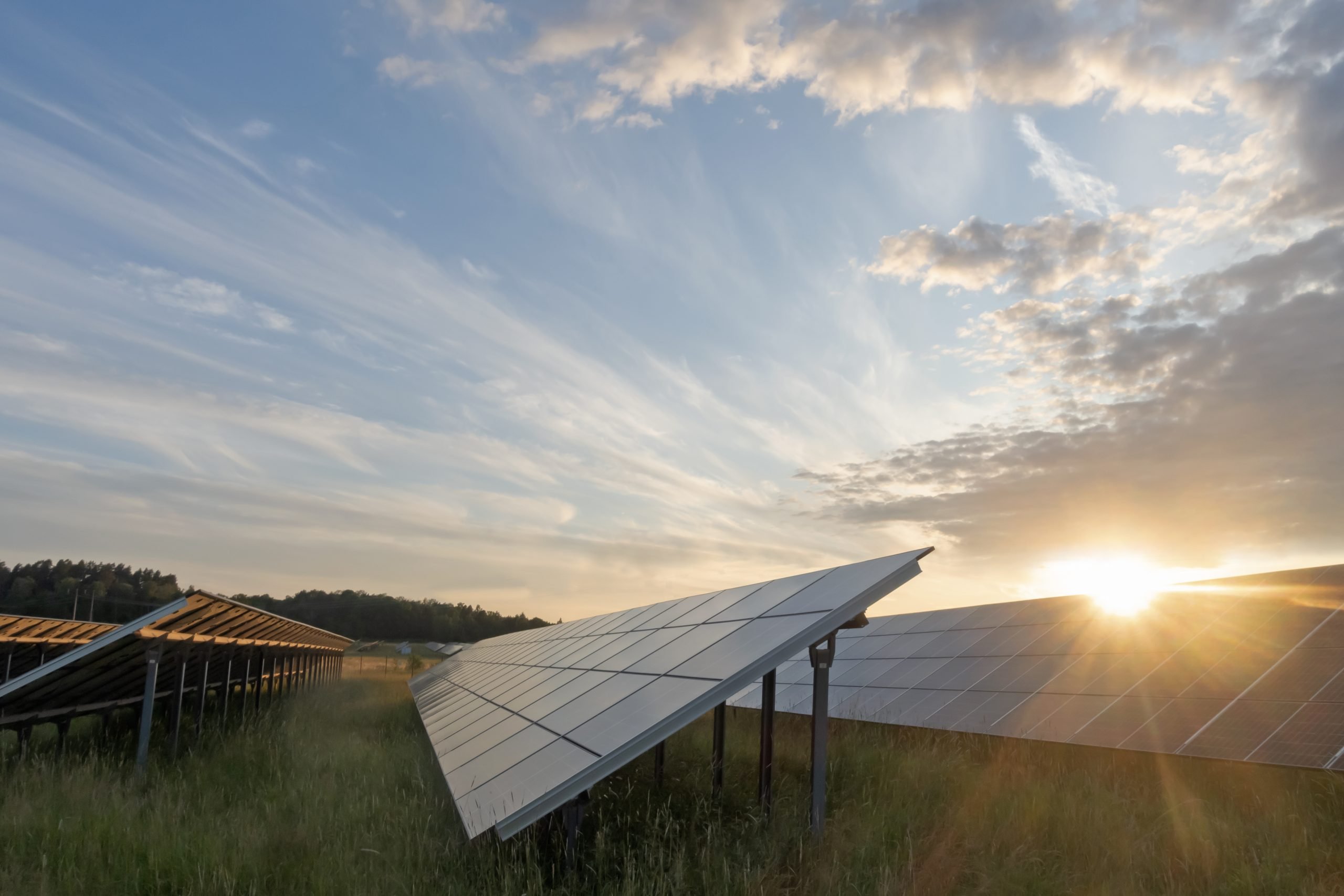 Solar panels at orange sunset, with blue sky and fluffy clouds
